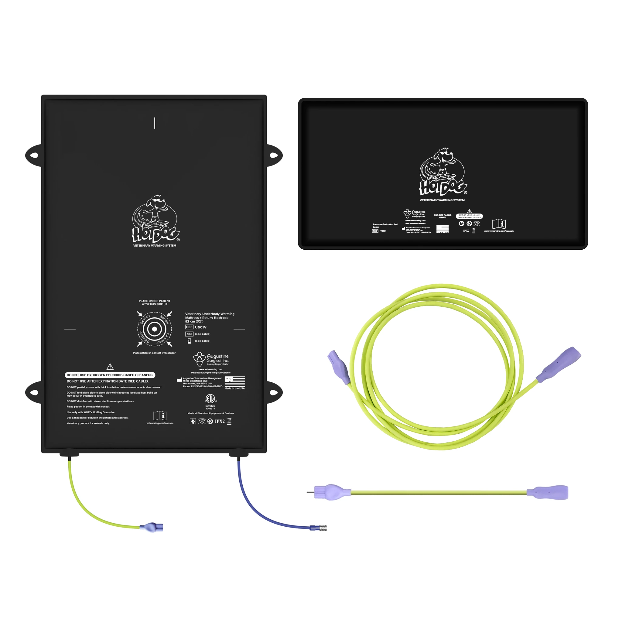 HotDog Veterinary Return Electrode Package: U501V Mattress, V602 Pressure reduction pad, A136 Return Electrode Cable, and A138 Return Electrode Adapter