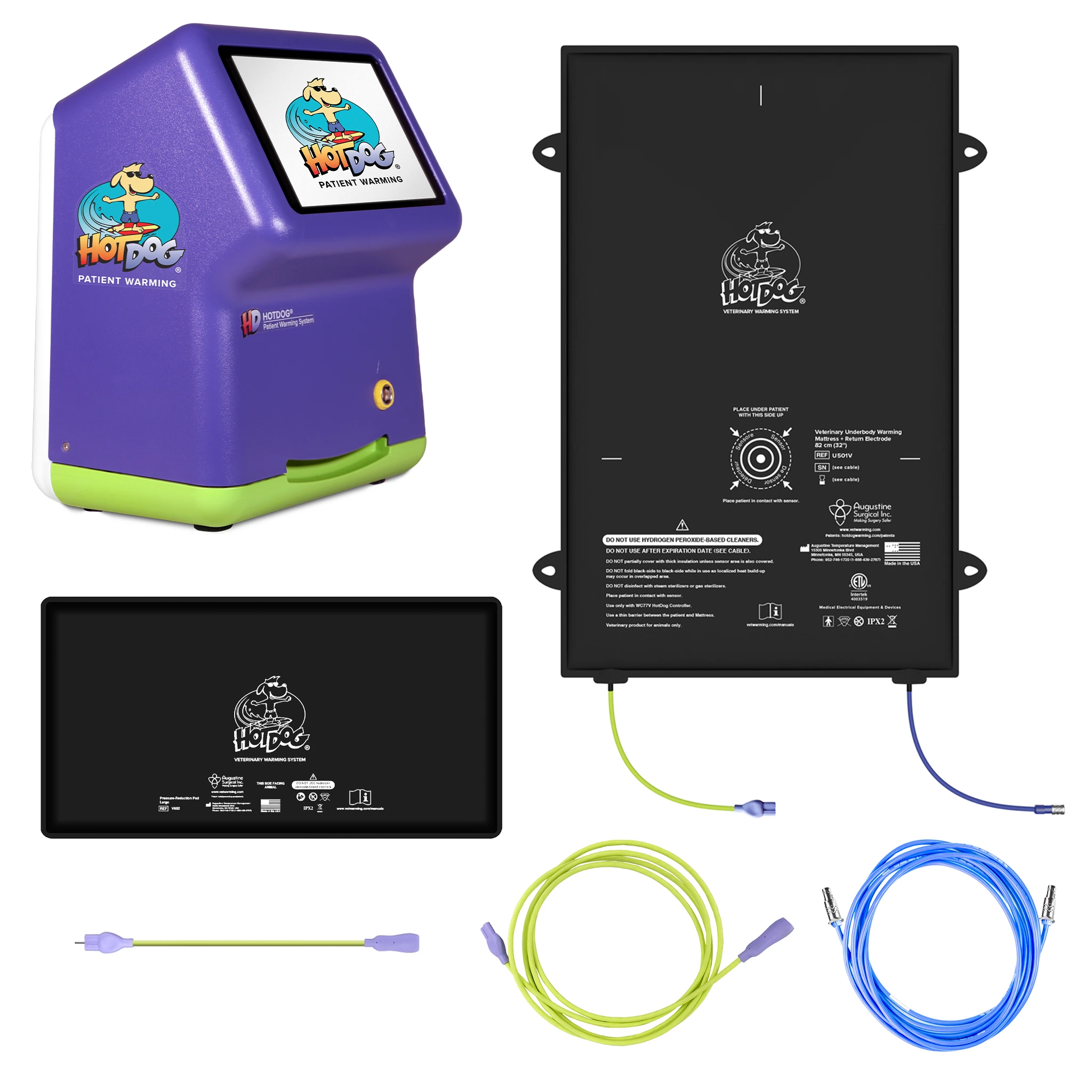 HotDog Veterinary Underbody Warming and Return Electrode Package: WC77 Controller, U501V Mattress, V602 Pressure reduction pad, A112 Warming Mattress Cable, A136 Return Electrode Cable, and A138 Return Electrode Adapter