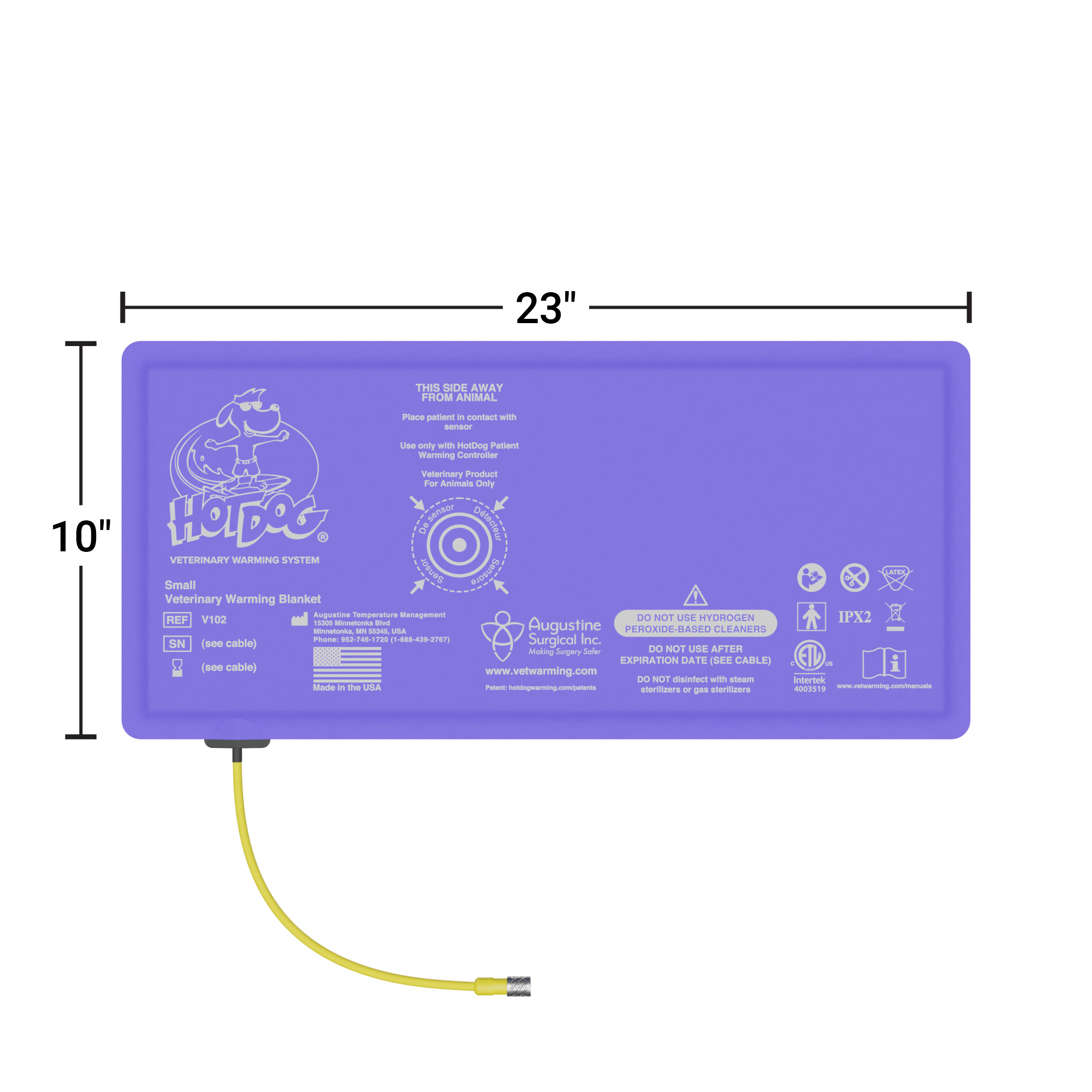V102 Small HotDog Veterinary Patient Warming Blanket with Dimensions
